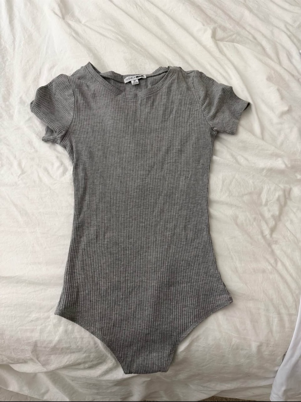 Fashion Nova Grey Ribbed Short-Sleeve Bodysuit